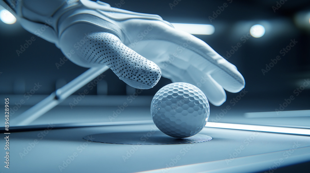 Aufkleber a robotic hand poised above a golf ball on a futuristic surface, under artificial lighting, symboliz
