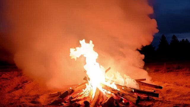A campfire is suddenly interrupted by a loud bang and a burst of flames as an ATVs engine backfires causing a cloud of smoke to fill the air.