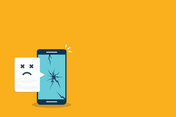Broken smartphone with sad smile notification. Broken phone service, recovery and repair concept.	
