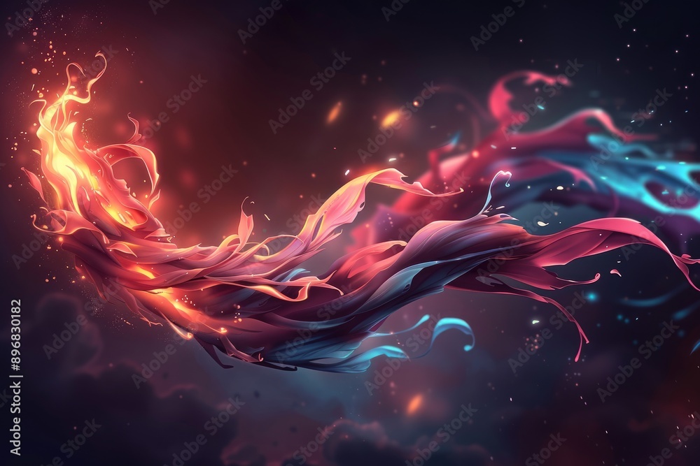 Poster Abstract Digital Art with Red, Orange, and Blue Liquid Flames