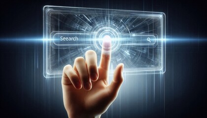 Digital Search: Hand on Modern Screen with Search Bar