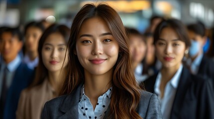 A woman in a business suit standing in front of a group of people.