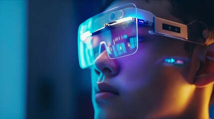 A young boy wearing glasses with glowing lights.