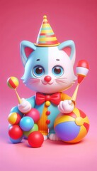 Ball Playtime: 3D Cat in Clown Costume