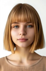 A young woman with bangs and blue eyes.