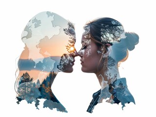 Love Recovery and Healing Heartache Double Exposure Silhouette with Romantic Imagery Close Up Copy Space