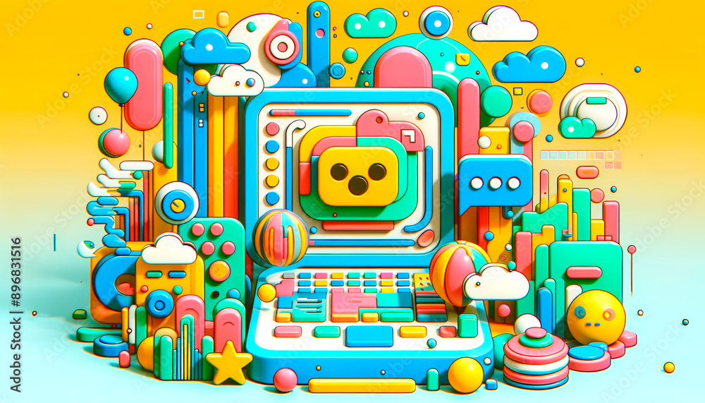 Poster A colorful digital illustration of a playful, abstract scene with various shapes and a cute character on a yellow background. Generative AI