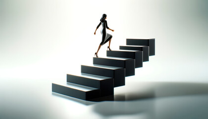 Silhouetted figure climbs shadowy stairs against a light background, symbolizing ambition and progress. Generative AI