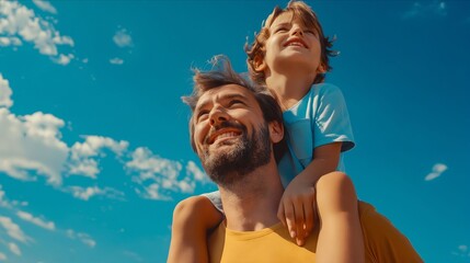 A man and his son are on the shoulders of each other.