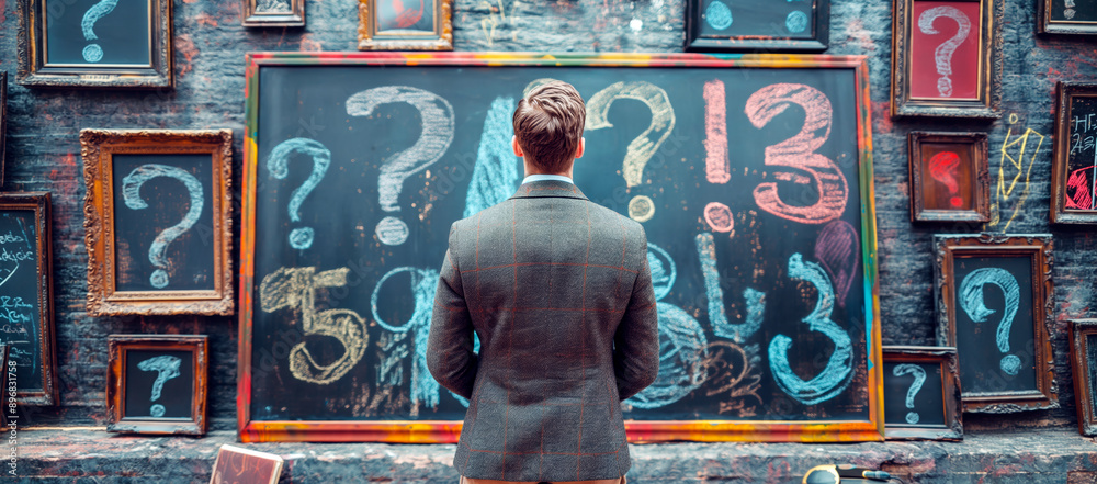 Aufkleber Man facing a chalkboard with question marks amidst framed questions on a brick wall, symbolizing thought and mystery. Generative AI