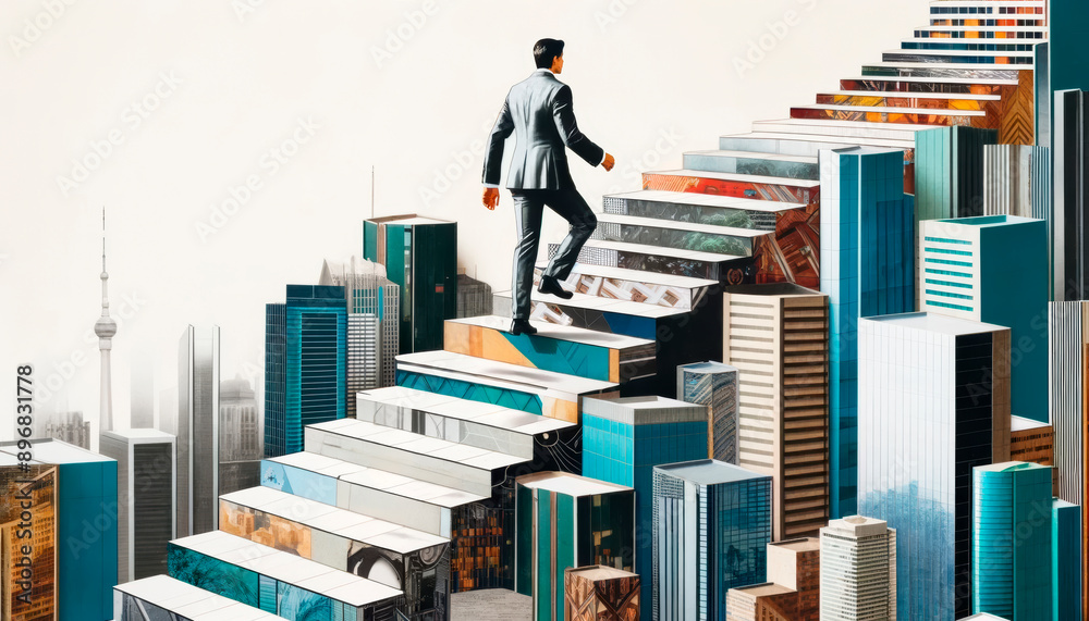 Poster a man climbing a staircase of building blocks with a cityscape background, illustrating a concept of
