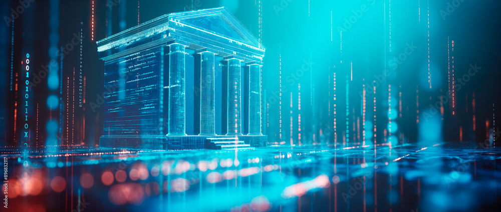 Poster Digital representation of a classical building with glowing blue lines on a dark, data-streamed background, symbolizing technology integration with heritage. Generative AI