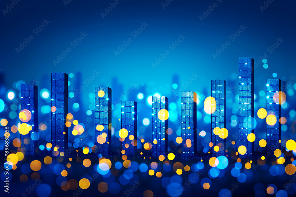 Poster stylized cityscape with glowing bokeh effects on a blue background, depicting the concept of urban t
