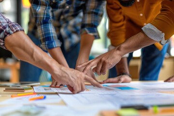 Obraz premium Close-up of a diverse team working together on a project, hands pointing at documents, collaborative spirit, modern office, Portrait half-body, hyper-realistic, high detail, photorealistic, Indian