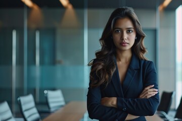 Obraz premium Close-up of a businesswoman standing confidently in a boardroom, arms crossed, ready to lead a meeting, professional setting, Portrait half-body, hyper-realistic, high detail, photorealistic, Indian