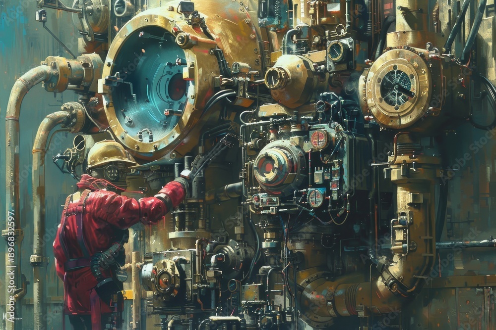 Poster a man is focused on working on a machine in a workshop setting, emphasizing the mechanical elements 