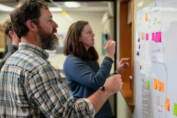 Several employees standing in front of a whiteboard, engaged in a collaborative discussion or presentation, Employees collaborating on a whiteboard during a creative session