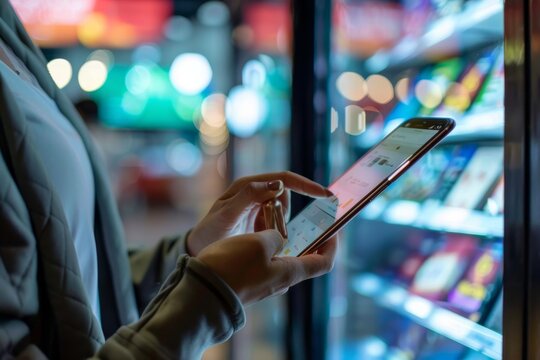 A woman standing in front of a vending machine, interacting with a tablet screen, Empowering consumers through fintech tools