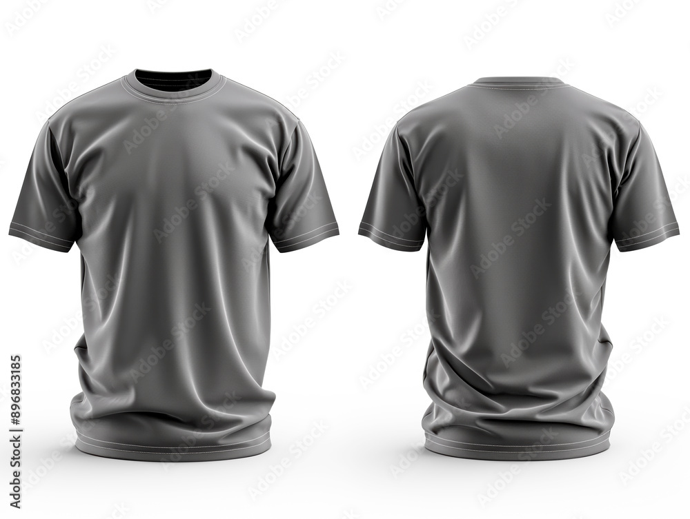 Poster front and back views of a gray blank t-shirt mockup on a white background, concept of branding ident