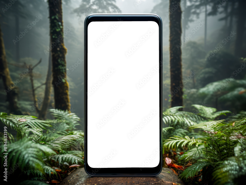 Poster Smartphone mockup with a blank screen in a misty forest, on a natural background, for presentation design concepts. Generative AI