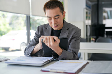 Business man working on tablet presses on screen digital tablet Online Digital marketing  technology