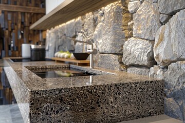 A contemporary kitchen featuring a granite countertop and stone wall, showcasing a blend of elegance and functionality, Emulate the rough and rugged texture of granite