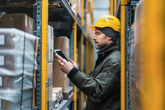 A warehouse worker is using a cell phone while working inside a warehouse, Enable remote access and control through a mobile app for convenience and flexibility