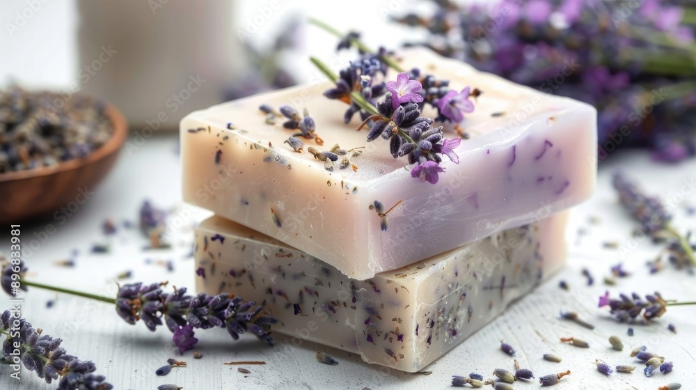 Wall mural Handmade lavender soap with dried flowers on white table side view