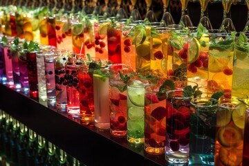 A row of vibrant cocktails neatly arranged on a bar counter, Endless rows of cocktails in all colors and flavors imaginable