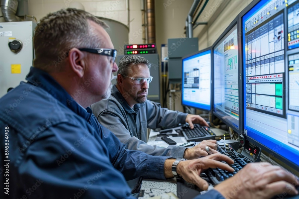 Poster two engineers focused on computer screens, analyzing system performance in a factory setting, engine