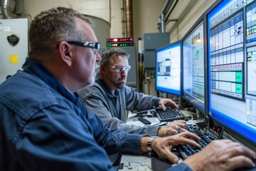 Two engineers focused on computer screens, analyzing system performance in a factory setting, Engineers analyze system performance through a SCADA system