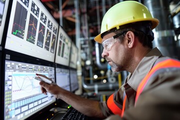 A man wearing a hard hat is focused on his computer screen, working on a project, Engineers visualize data trends on a SCADA system for predictive maintenance