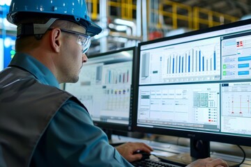 A man wearing a hard hat is focused on his computer, likely analyzing data or working on a project, Engineers visualize data trends on a SCADA system for predictive maintenance