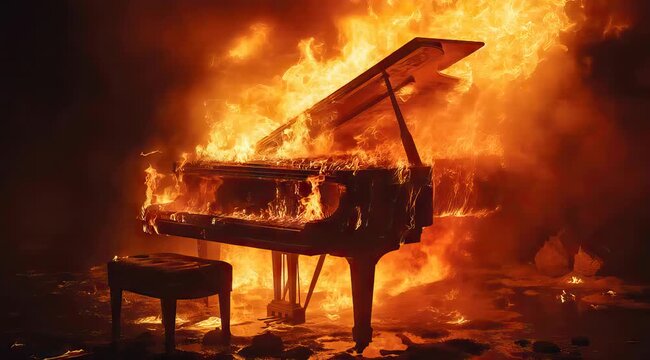 A loopable video of a piano engulfed in flames, symbolizing intense passion and destruction, perfect for dramatic and impactful visual storytelling. Generative AI