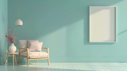 Minimalist living space with modern chair, side table, and an empty picture frame on a pastel teal wall.