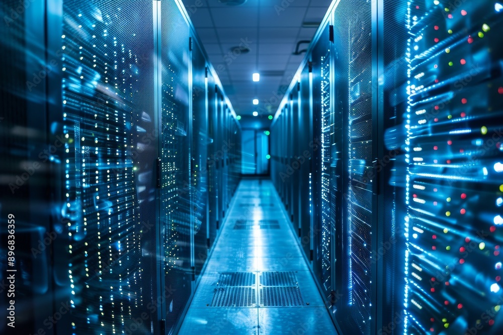 Aufkleber multiple servers lined up in a data center, featuring rows of technology equipment for storing and p
