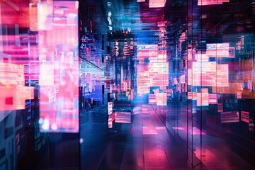 Naklejka premium Neon lights casting a blurry glow in a dark hallway, Error messages floating in a digital void