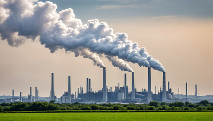 Dark toxic smoke clouds coming out of factory chimney. Air pollution and global warming caused by old industrial power plant