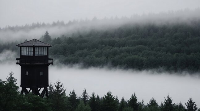 Landscape with a watchtower in a densely packed forest of trees on a misty morning.