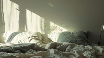 Sunlight streams through a window onto a messy bed with white linens and pillows. A vase with dried flowers sits on the bed