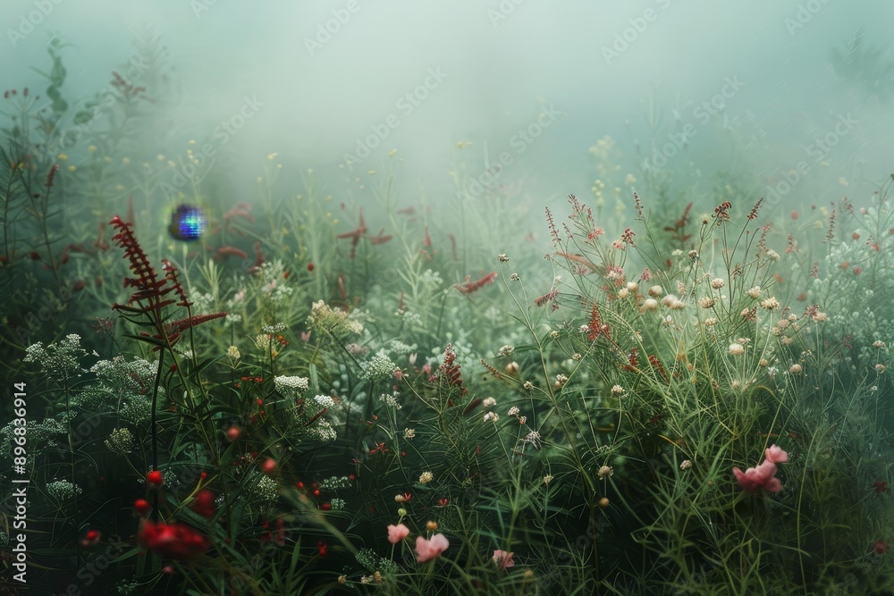 Wall mural A field of colorful flowers with fog lingering in the background, Ethereal landscapes infused with mystical medicinal herbs