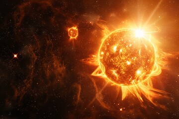 Obraz premium 3D rendering of the glowing sun with a black background, radiating light and energy, fiery orange colors creating warmth and vitality, symbolizing cosmic beauty and the uniqueness of stars.
