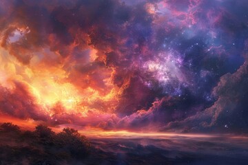 Painting depicting a cloudy sky filled with stars, capturing a sense of vastness and wonder, Evoking a sense of vastness and wonder