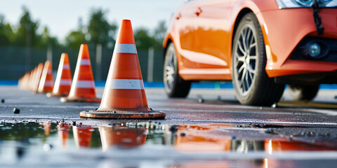  Car driving on wet road with orange cones.
