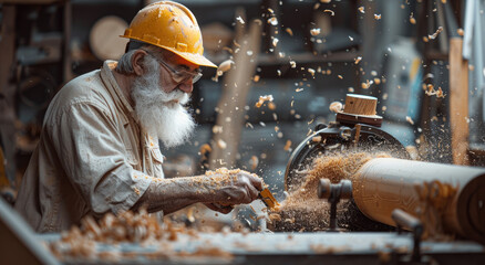 an elderly man in his mid-60s with white hair and beard, wearing blue plaid shirt and yellow hard hat is seen chiseling wood on large lathe machine at the factory