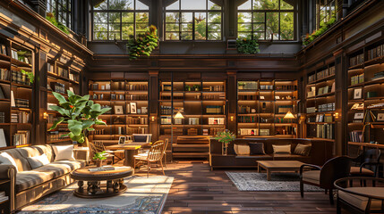 Inviting Library Interior with Cozy Reading Corners and Natural Light for Literary Exploration