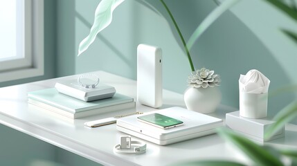  Elegant Modern Desk Setup, and Background White. AI-Generated image 
