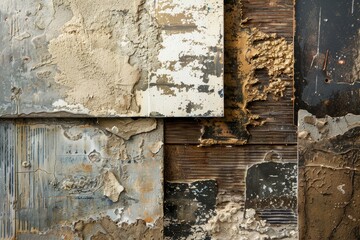 Naklejka premium A piece of wood showing signs of weathering with paint peeling off, Experiment with contrasting textures and materials to convey a sense of depth and dimension