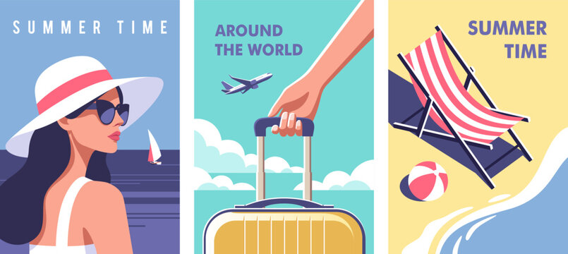 Concept of summer party, vacation and travel. Perfect background on the theme of season vacation, weekend, beach. Vector illustration in minimalistic style for posters, cover art, flyer.