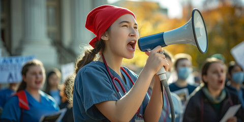 Nurse Speaking Through Megaphone at Protest Rally for Healthcare Reforms